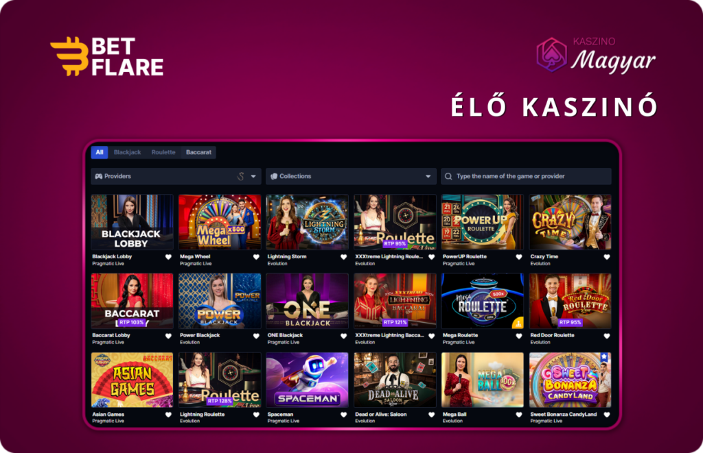 BetFlare: Élő kaszinó blackjack, rulett és baccarat játékokkal.