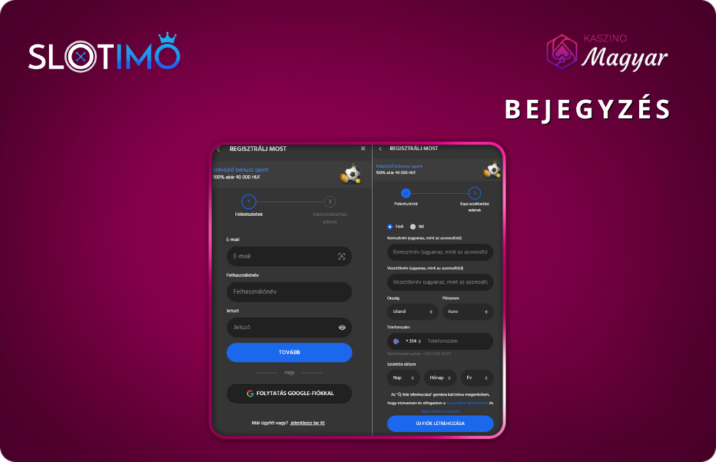 Regisztráció a Slotimo-ban